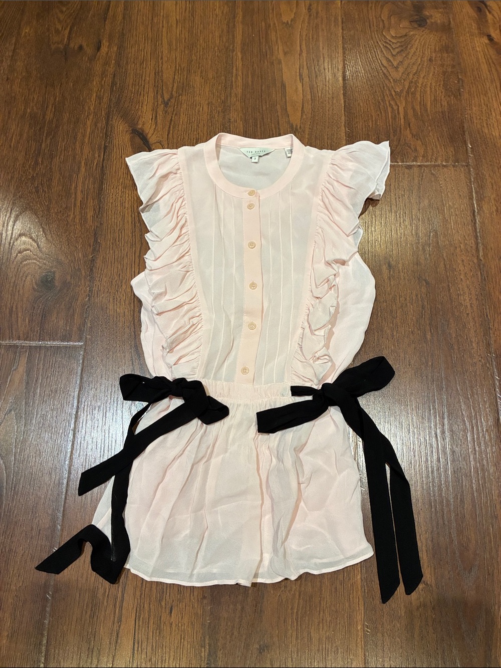 Ted Baker Pale Pink Ruffle Blouse with Black Ribbon Ties